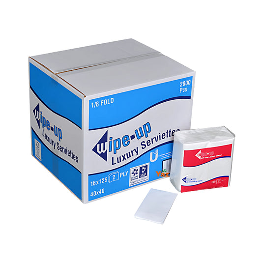 Wipe Up 2 Ply 8 Folded White Serviettes (40x40) 16x125